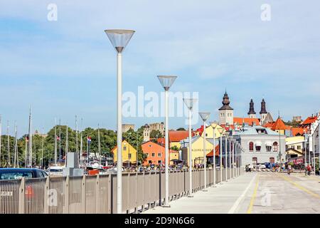 cityscape with old colorful buildings at harbour in Visby Sweden Stock Photo