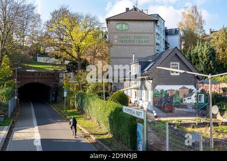 The Nordbahntrasse, a cycle path, footpath, on a former 22 KM railway line, along the West-East axis of Wuppertal, on the northern slope, with many tu Stock Photo