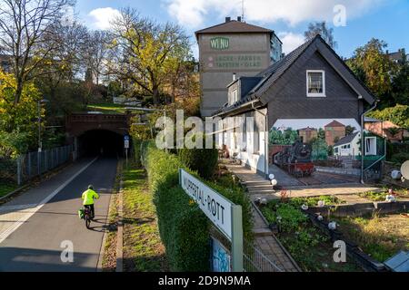 The Nordbahntrasse, a cycle path, footpath, on a former 22 KM railway line, along the West-East axis of Wuppertal, on the northern slope, with many tu Stock Photo