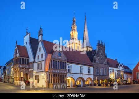 Market square with town hall and St. Nicolai church in Lemgo, Teutoburg Forest, North Rhine-Westphalia, Central Germany, Germany, Europe Stock Photo