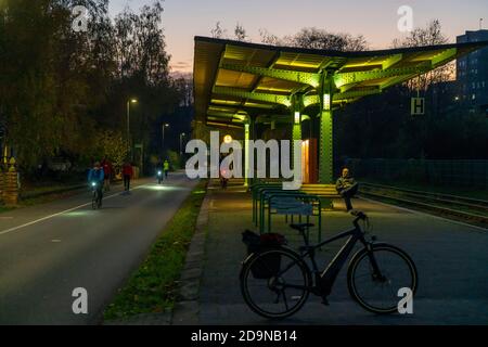 The Nordbahntrasse, a cycle path, footpath, on a former 22 KM railway line, along the West-East axis of Wuppertal, on the northern slope, with many tu Stock Photo