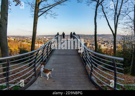 The Nordpark in Wuppertal, viewing platform Skywalk, view over the districts of Barmen and Oberbarmen, Wuppertal, NRW, Germany Stock Photo