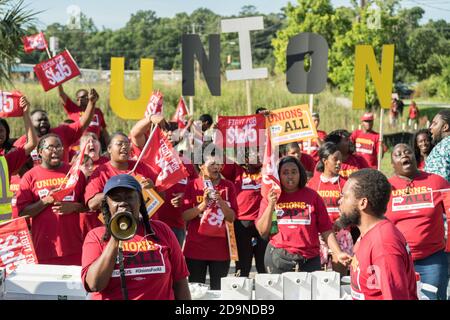 McDonals workers rally during a one day strike as part of the Fight for $15 dollar minimum wage effort by a consortium of trade unions June 15, 2019 in Charleston, South Carolina. Stock Photo