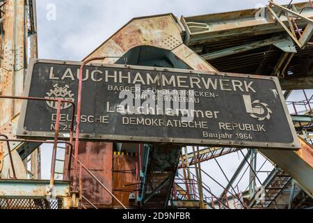 Lauchhammerwerk sign on The Blue Miracle / Das Blaue Wunder / Bagger 258 giant bucket-wheel excavator Stock Photo