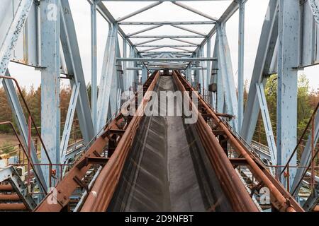 Rubber conveyor belt on the Blue Miracle / Das Blaue Wunder / Bagger 258 giant bucket-wheel excavator Stock Photo