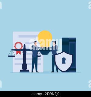Man handshake in front of bulb, certificate and scales of justice metaphor of patent law. Stock Vector