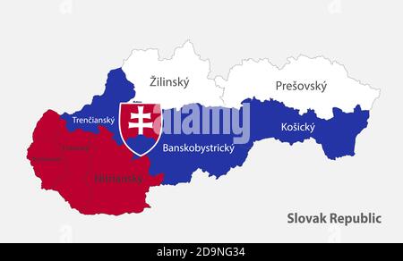 Map of the Slovak Republic in the colors of the flag Slovakia with administrative divisions vector Stock Vector