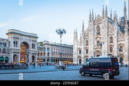 MILAN, ITALY - CIRCA SEPTEMBER 2019: Carabineer car, also named Carabinieri,  patrolling Milan City area in front of Mialn Cathedral. Surveillance and Stock Photo