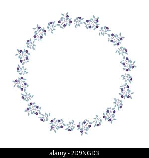 Floral wreath, branches with teal leaves and purple flowers on white. Vector illustration, design for poster, banner, invitation, book, fashion fabric, wrapping, packaging. Stock Vector