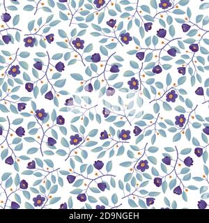 Floral background - seamless pattern, branches with teal leaves and purple flowers on white. Vector illustration, design for wallpaper, textile, fabric, wrapping. Stock Vector