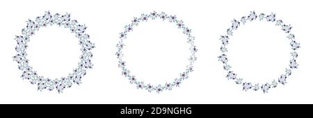 Set of floral isolated vector wreaths, branches with teal leaves and purple flowers on white. Vector illustration, design for poster, banner, invitation, book, fashion fabric, wrapping. Stock Vector