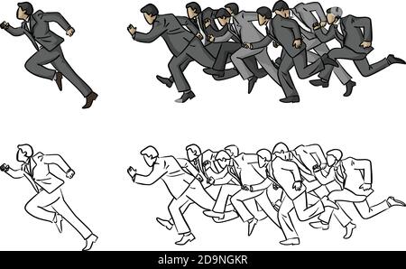 businessmen running following their manager vector illustration sketch doodle hand drawn with black lines isolated on white background. Business teamw Stock Vector