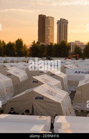 Izmir, Turkey - November 2 2020 Tent cities established after the earthquake on 30 October 2020 Bayrakli Smyrna square Izmir. Stock Photo