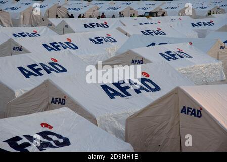 Izmir, Turkey - November 2 2020 Tent cities established after the earthquake on 30 October 2020 Bayrakli Smyrna square Izmir. Stock Photo