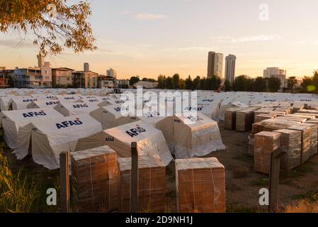 Izmir, Turkey - November 2 2020 Tent cities established after the earthquake on 30 October 2020 Bayrakli Smyrna square Izmir. Stock Photo