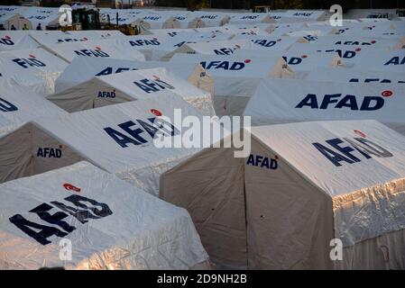 Izmir, Turkey - November 2 2020 Tent cities established after the earthquake on 30 October 2020 Bayrakli Smyrna square Izmir. Stock Photo