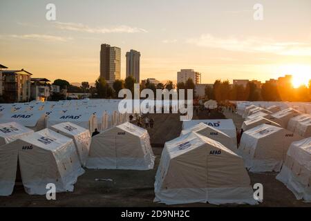 Izmir, Turkey - November 2 2020 Tent cities established after the earthquake on 30 October 2020 Bayrakli Smyrna square Izmir. Stock Photo