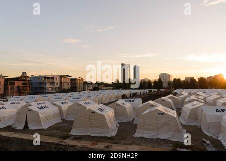 Izmir, Turkey - November 2 2020 Tent cities established after the earthquake on 30 October 2020 Bayrakli Smyrna square Izmir. Stock Photo