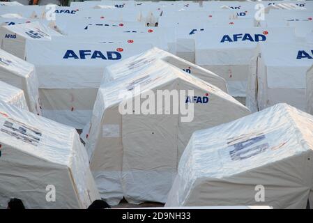 Izmir, Turkey - November 2 2020 Tent cities established after the earthquake on 30 October 2020 Bayrakli Smyrna square Izmir. Stock Photo