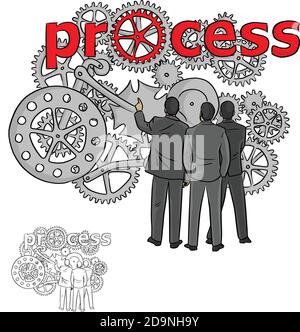 three businessmen looking at the contacting gears with the red word process vector illustration sketch doodle hand drawn with black lines isolated on Stock Vector
