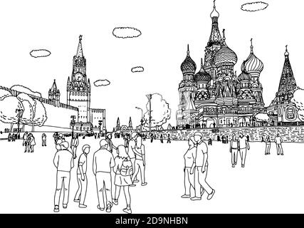 people or tourist walking Kremlin and Cathedral of St. Basil at the Red Square in Moscow Russia vector illustration sketch doodle hand drawn with blac Stock Vector