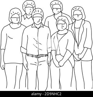six people wearing facial safety vector illustration sketch doodle hand drawn with black lines isolated on white background Stock Vector