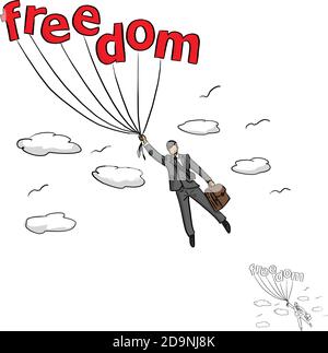 Businessman flying into sky with the word freedom vector illustration sketch doodle hand drawn with black lines isolated on white background. Business Stock Vector