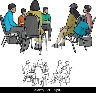 group of teenagers sitting in a circle during consultation with counselor vector illustration sketch doodle hand drawn with black lines isolated on wh Stock Vector