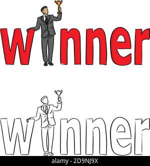 businessman holding a trophy at the red word Winner vector illustration sketch doodle hand drawn with black lines isolated on white background. Busine Stock Vector