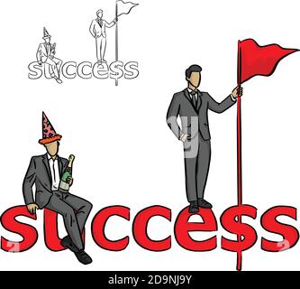 two businessmen with champagne and red flag on their hands stand and sit on the word success vector illustration sketch doodle hand drawn with black l Stock Vector