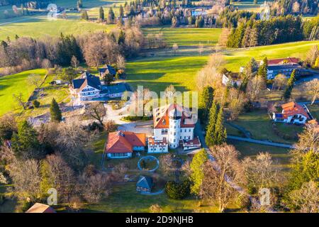 Cafe Restaurant Park Villa, Bad Heilbrunn, Tölzer Land, drone image, Upper Bavaria, Bavaria, Germany Stock Photo