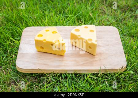 Ice cream shaped cheese cubes placed on a wooden tray on the garden grass. Stock Photo