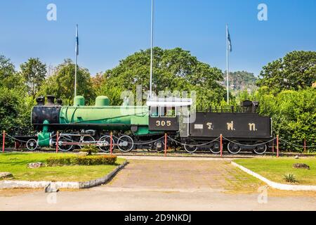 HUA HIN , THAILAND - February 5 , 2019 : Ancient steam locomotive at Hua Hin Railway Station is an important tourist attraction and is a landmark of P Stock Photo