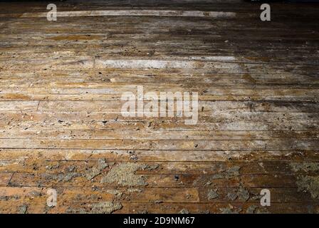 Wooden floor boards destroyed by fire and water damage. Stock Photo