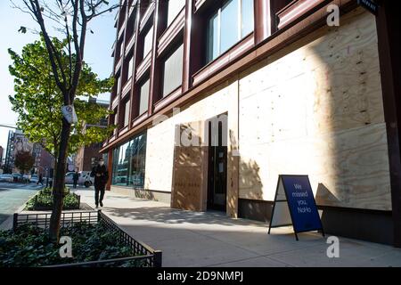 Manhattan, New York, USA. 06th Nov, 2020. Buildings are boarded up in preparation for civil unrest due to the election in the NOHO section of the city in Manhattan, New York. Mandatory credit: Kostas Lymperopoulos/CSM/Alamy Live News Stock Photo