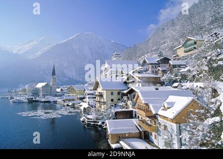 South-east view of the market town of Hallstatt in winter Stock Photo