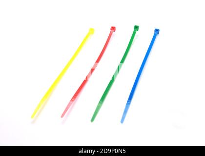 An isolated shot of multicolored cable ties on white background Stock Photo
