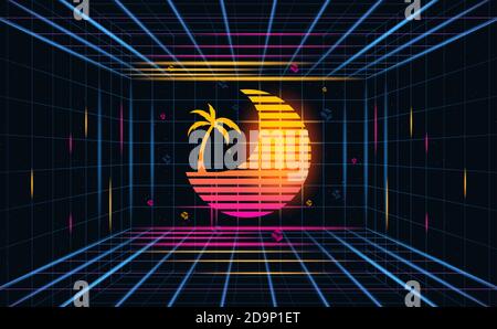 Futuristic grid sunset with coconut tree abstracts.Future theme concept background.vector and illustration Stock Vector