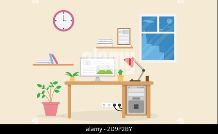 interior work place design with computer and accessory design.vector and illustration Stock Vector