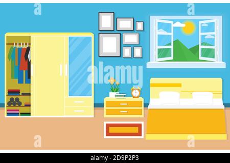 interior bedroom design with furniture for decorate. vector and illustration Stock Vector