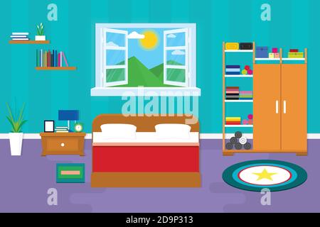 interior bedroom design with furniture for decorate. vector and illustration Stock Vector