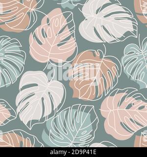 Tropical Monstera Leaves Seamless Pattern. Vector floral background in a trendy minimalistic linear style in pink and mint pastel colors for printing Stock Vector
