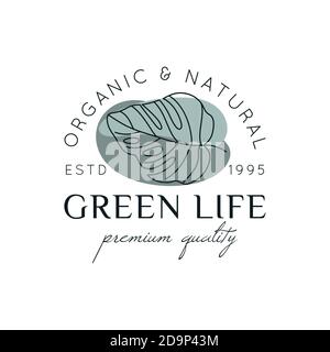 Monstera leaf logo design template in simple minimal linear style. Vector Exotic tropical emblem with leaves and abstract shapes for Beauty Studio, SP Stock Vector