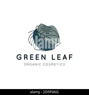 Monstera leaf logo design template in simple minimal linear style. Vector Exotic tropical emblem with green leaves and abstract shapes for Beauty Stud Stock Vector