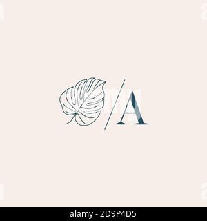 Monstera leaf Monogram design in simple minimal linear style. Vector Exotic Floral Emblem with Tropical leaves for Beauty, SPA salon, Creative Studio Stock Vector