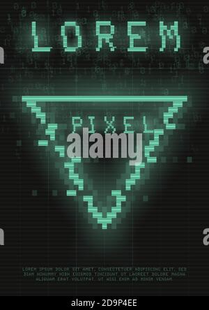 Retrofuturistic poster with a cyber glitch pixel triangle. Cyberpunk template with a holographic green neon triangle with distortion effect. Glowing Stock Vector