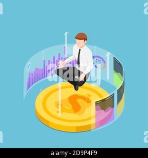 Flat 3d Isometric Businessman Doing Meditation in Lotus Pose on Dollar Coin and Financial Graph. Financial Analysis and Business Expert Concept. Stock Vector