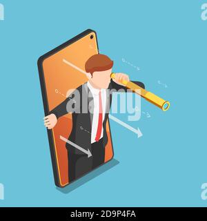 Flat 3d Isometric Businessman with Telescope Come Out From Smartphone Screen. Business Vision and Digital Marketing Concept. Stock Vector