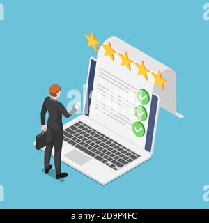 Flat 3d Isometric Businessman Standing with Online Survey Document Checklist from Laptop Screen. Online Survey and Business Checklist Concept. Stock Vector