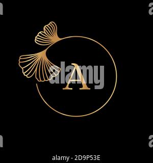 Ginkgo Biloba Leaf gold frame with copy space. Badge and icon in trendy linear style. Vector Logo Emblem with letter A and gingko. Stock Vector